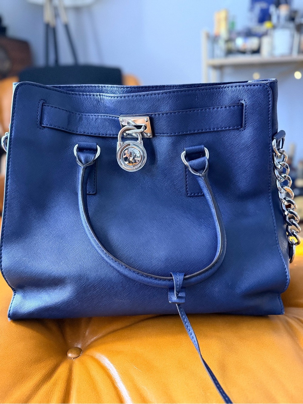 MICHAEL Michael Kors Navy Blue Leather Tote with Chain Accent